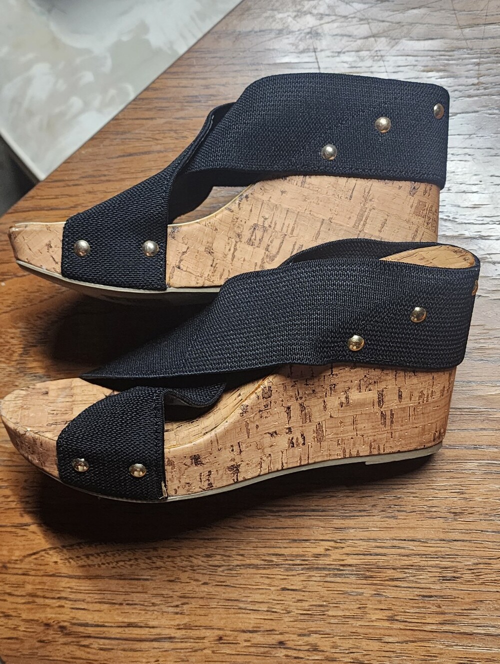 Montego Bay Club Black Elastic Criss Cross Cork Wedges